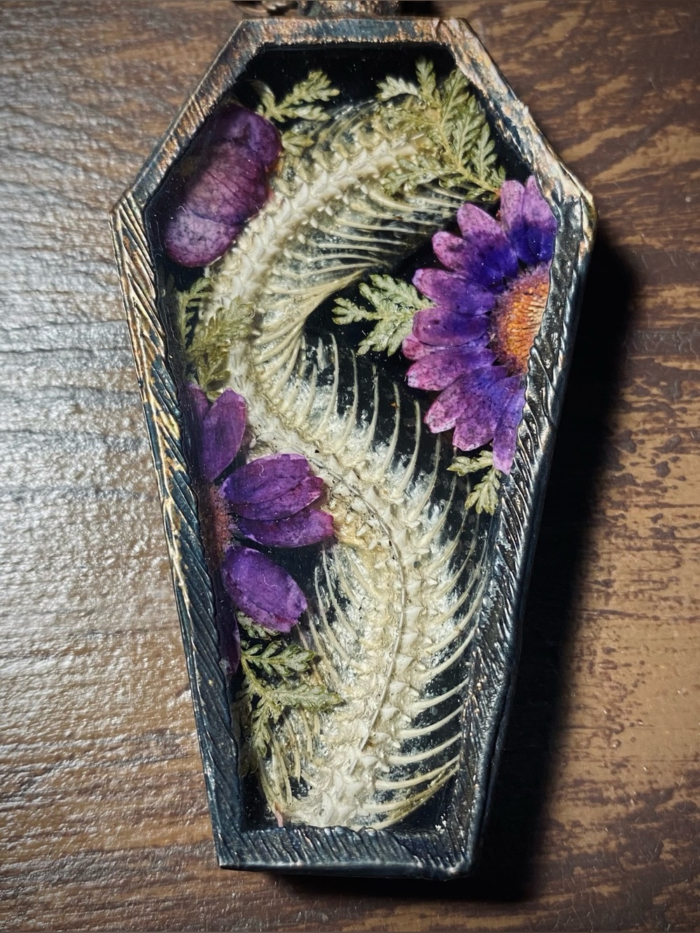 Snake Skeleton Flowers Resin Coffin Necklace - made by Strangeinsugarhouse